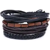 LGT JWLS Leren armbanden set met houten kralen zwart bruin