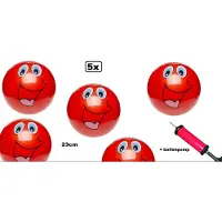 Thema party 5x Speel voetbal smiling face 23 cm rood + ballenpomp - voetbal speelbal strand straat bal