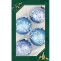 Merkloos 4x Glazen ijsblauwe/lichtblauwe kerstballen met witte decoratie 7 cm - Kerstbal