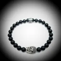 Behave Natuursteen Armband met 925 Sterling Zilver Skull / Buddha / Boedha Bedel van 13 gram Zilver , Handgemaakte Edelsteen Armband met 8mm (Blinkend Onyx) kralen .