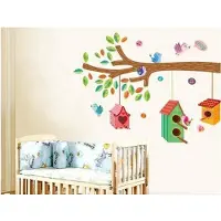 Giftwebshop Vrolijke Premium Prachtige Muursticker Tak Met Vogels En Vogelhuisjes Maat L – Muurdecoratie / Kinderkamer