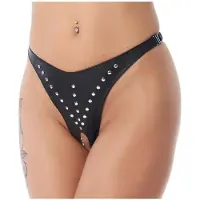Rimba Bondage Play Leren slip met open kruis versierd met nieten.