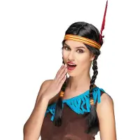 Vegaoo - Indianen pruik met veer voor volwassenen - Zwart - One Size