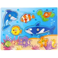 Johntoy Houten Knopjespuzzel Oceaandieren - Noppenpuzzel Hout