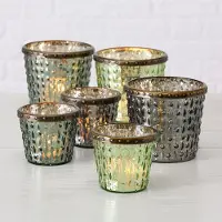 Boltze Windlichten - 6 stuks - Antiek glas - 11cm - 8cm- Metalen ring