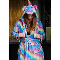 Badrock Unicorn damesbadjas – Dames badjas regenboog kleuren – Fleece badjas met oortjes – Fleece damesbadjas vrolijke kleuren – Damesbadjas capuchon – S/M