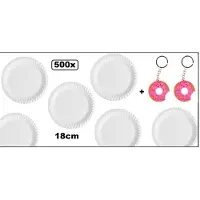 Themaparty 500x Kartonnen borden wit 1 vaks 18cm + 2x sleutelhanger donut- carnaval diner eten festival gebak bbq thema feest