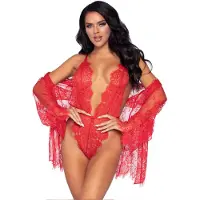 Leg avenue 3-delige teddy met bloemenkant en advertentie - MEDIUM / ROOD
