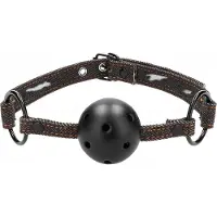 Ouch! Ouch Ball Gag met gaatjes - Met Ruwe Denim Bandjes - Zwart