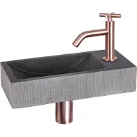 Differnz Fonteinset ribble natuursteen 38x18x8 cm zwart met gebogen kruis kraan rood koper
