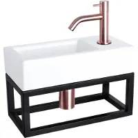 Differnz Ravo fonteinset - 38.5x18.5x25cm - Rechthoek - 1 kraangat - Gebogen koperen kraan - met zwart frame - Keramiek Wit