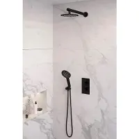 Brauer Black Edition thermostatische inbouw regendouche 3-weg omstelling SET 31 met 20 cm douchekop en rechte muurarm en 3-standen handdouche en doucheslang en wandaansluitbocht mat zwart