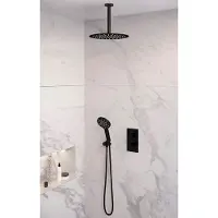 Brauer Black Edition thermostatische inbouw regendouche 3-weg omstelling SET 36 met 30 cm douchekop en plafondarm en 3-standen handdouche en doucheslang en wandaansluitbocht mat zwart