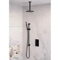 Brauer Black Edition thermostatische inbouw regendouche 3-weg omstelling SET 41 met 20 cm douchekop en plafondarm en staaf handdouche en doucheslang en geïntegreerde glijstang mat zwart