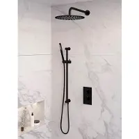 Brauer Black Edition thermostatische inbouw regendouche 3-weg omstelling SET 40 met 30 cm douchekop en gebogen muurarm en staaf handdouche en doucheslang en geïntegreerde glijstang mat zwart