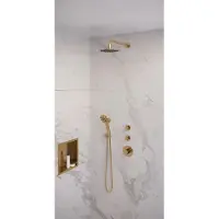 Brauer Gold Edition thermostatische inbouw regendouche SET 09 met 20 cm douchekop en gebogen muurarm en 3-standen handdouche en doucheslang en wandaansluitbocht goud geborsteld PVD