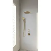 Brauer Gold Edition thermostatische inbouw regendouche SET 22 met 30 cm douchekop en gebogen muurarm en 3-standen handdouche en doucheslang en geïntegreerde glijstang goud geborsteld PVD