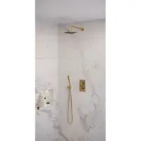 Brauer Gold Edition thermostatische inbouw regendouche 3-weg omstelling SET 27 met 20 cm douchekop en gebogen muurarm en staaf handdouche en doucheslang en wandaansluitbocht goud geborsteld PVD