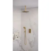 Brauer Gold Edition thermostatische inbouw regendouche 3-weg omstelling SET 36 met 30 cm douchekop en plafondarm en 3-standen handdouche en doucheslang en wandaansluitbocht goud geborsteld PVD