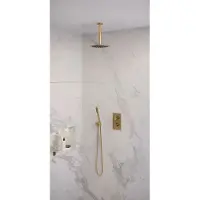 Brauer Gold Edition thermostatische inbouw regendouche 3-weg omstelling SET 29 met 20 cm douchekop en plafondarm en staaf handdouche en doucheslang en wandaansluitbocht goud geborsteld PVD