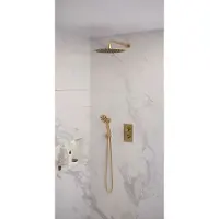 Brauer Gold Edition thermostatische inbouw regendouche 3-weg omstelling SET 34 met 30 cm douchekop en gebogen muurarm en 3-standen handdouche en doucheslang en wandaansluitbocht goud geborsteld PVD