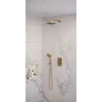 Brauer Regendoucheset Inbouw Gold Edition Thermostatisch 20cm met 3-Weg Omstelling, Gebogen Wandarm en 3-Standen Handdouche Geborsteld Goud