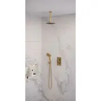 Brauer Gold Edition thermostatische inbouw regendouche 3-weg omstelling SET 35 met 20 cm douchekop en plafondarm en 3-standen handdouche en doucheslang en wandaansluitbocht goud geborsteld PVD