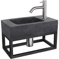 Differnz Fonteinset Bombai Natuursteen en Handoekrek 40x22x9 cm Zwart Met Gebogen Kraan Mat Chroom