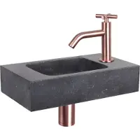 Differnz Fonteinset bombai natuursteen 40x22x9 cm zwart met gebogen kruis kraan rood koper