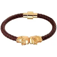 LGT JWLS LGT Jewels Leren armband Edelstaal Twin Skull Goudkleurig Bruin