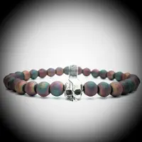 Behave Metalige Armband met Coating met 925 Sterling Zilver Skull Bedel van 6.1gram Zilver , Handgemaakte Edelsteen Armband met 7mm (roze-blauwe) kralen .