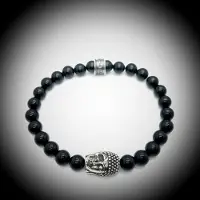 Behave Natuursteen Armband met 925 Sterling Zilver Skull / Buddha / Boedha Bedel van 13 gram Zilver , Handgemaakte Edelsteen Armband met 8mm (Blinkend Onyx) kralen .