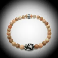 Behave Natuursteen Armband met 925 Sterling Zilver Skull / Buddha / Boedha Bedel van 13 gram Zilver , Handgemaakte Edelsteen Armband met 8mm (Perzik Maansteen) steen .