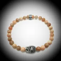 Behave Natuursteen Armband met 925 Sterling Zilver Skull / Buddha / Boedha Bedel van 13 gram Zilver , Handgemaakte Edelsteen Armband met 8mm (Perzik Maansteen) steen .