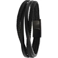 Lucardi Heren blackplated armband gevlochten leer - Staal - Armband - Vaderdag Cadeautje - 19 cm - Zwart