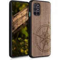 Kwmobile telefoonhoesje geschikt voorOnePlus 8T - Hoesje met bumper - hout - In donkerbruin Vintage Kompas design