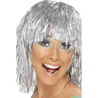 Smiffys Lurex verkleed pruik - 4x stuks - metallic zilver - tinsel slierten pruiken - disco thema