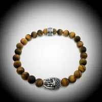 Behave Natuursteen Armband met 925 Sterling Zilver Skull / Buddha / Boedha Bedel van 13 gram Zilver , Handgemaakte Edelsteen Armband met 8mm (Matte Bruine Tijgeroog) kralen .