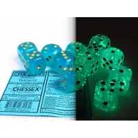 Chessex Borealis D6 16mm Teal/goud Lichtgevende Dobbelsteen Set (12 stuks)