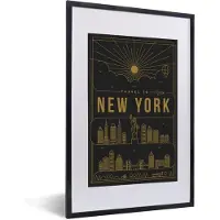 PosterMonkey Fotolijst incl. Poster - New York - Skyline - Zwart - Goud - 40x60 cm - Posterlijst