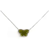 Sophie korte zilveren halsketting halssnoer collier gerhodineerd Model Vlinder met kaki groene steen