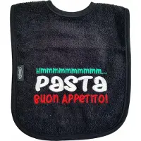 Funnies Zwarte slab met "Hmmmmmmmmmm... Pasta buon appetito!" - italiaans, eten, knoeien, slabbetje, slabber
