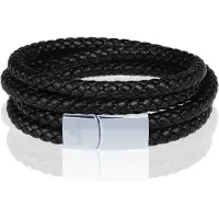 Memphis dubbele wrap armband Leer Zwart Zilver-22cm