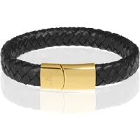 Memphis gevlochten leren armband Zwart Goud-18cm