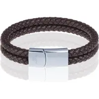 Memphis dubbele leren armband Bruin Zilver-18cm