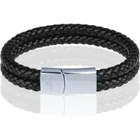 Memphis dubbele leren armband Zwart Zilver-24cm