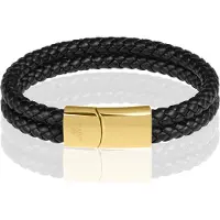 Memphis dubbele leren armband Zwart Goud-24cm