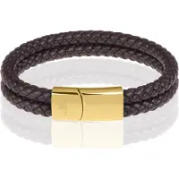 Memphis dubbele leren armband Donkerbruin Goud-19cm