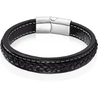 LGT JWLS LGT Jewels Heren Armband Zwart Leer Stitched Edelstaal Sluiting-21cm
