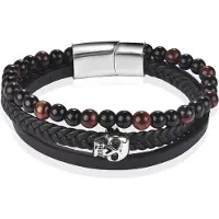 Memphis Heren armband Tijgeroog Skull Gevlochten Leer Zwart Bruin-20.5cm